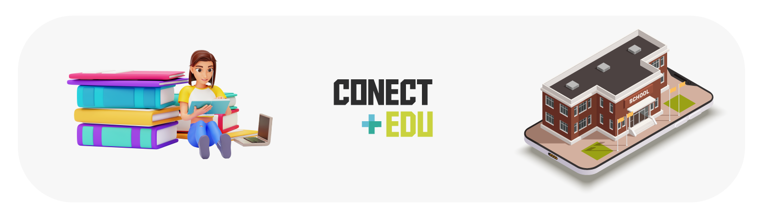 Ilustração abstrata de conexão entre família, ConectEdu e escola.